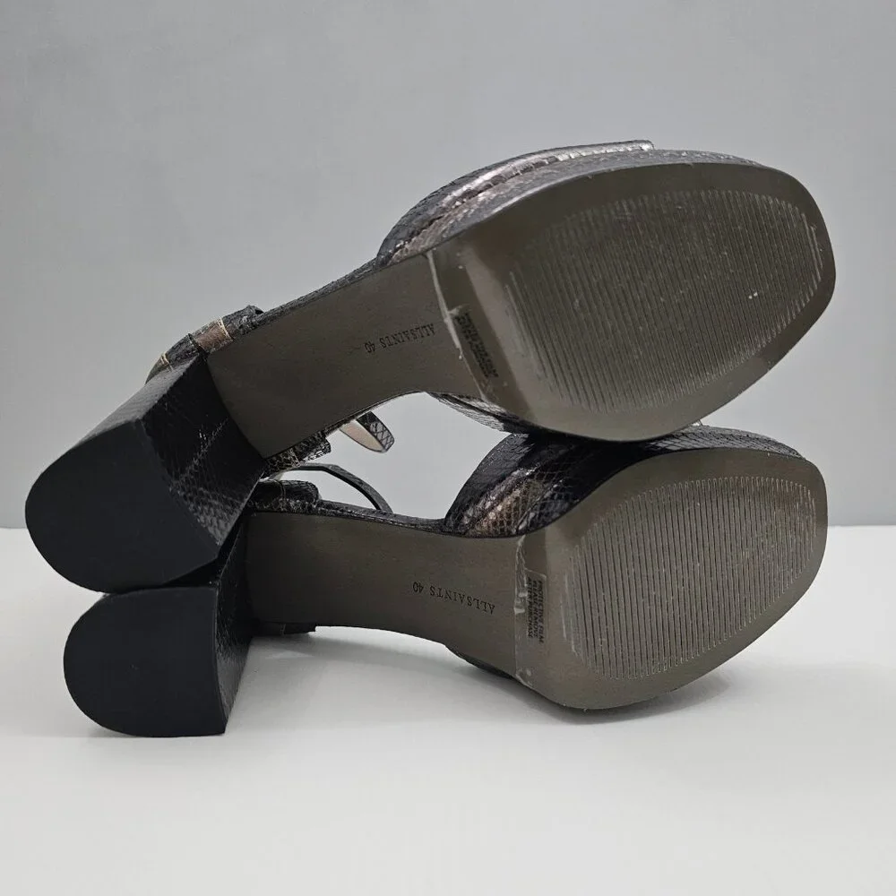 AllSaints Tia Platform Heel Sandal Womens 10 Metallic Bronze Gold Gray Embossed - Picture 14 of 16